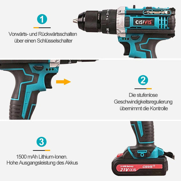 Akku-Schlagbohrmaschine - Akkuschrauber 1500 mAh 21 Volt - Schlagschrauber 3in1. Mit 2 Li-Ion-Akkus und Ladestation.