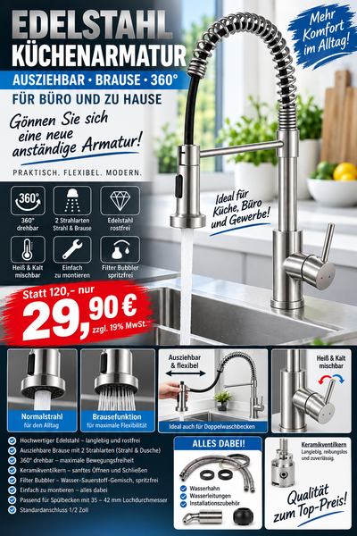 Edelstahl Küchenarmatur 360° mit ausziehbarer Brause – 2 Strahlarten & Einhebelmischer