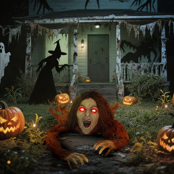 Halloween Dekoration kriechende Zombi-Oma, LED-Lichter und Soundfunktion, 140 cm