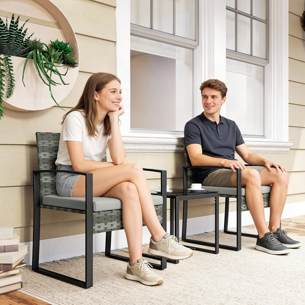 Rattan Bistroset, 3 teiliges Gartenmöbel-Set mit 2 Gartenstühlen und Tisch