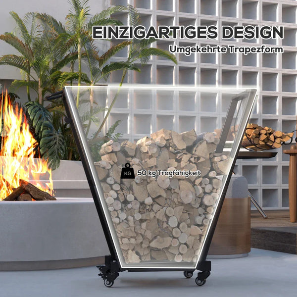 Kaminholzständer Feuerholzgestell, trapezförmiges Design, pulverbeschichteter Metall, mobil mit Rollen, 79 x 30 x 81 cm, Schwarz