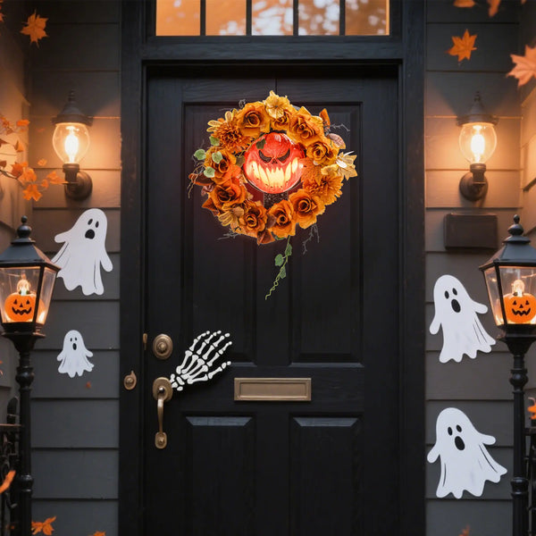 Halloween-Kranz mit Kürbisgesicht & 44 LED-Lichtern – Flackernder Grusel für Tür, Fenster & Kamin, 44 cm