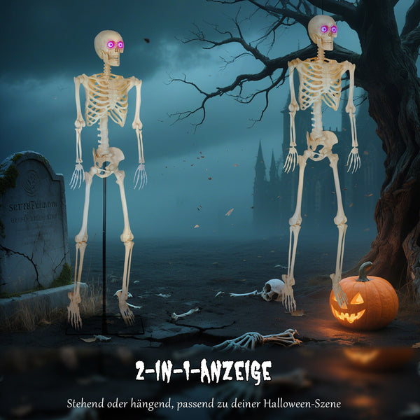 Animierte Halloween-Dekoration – Skelett mit LED-Augen, Sound & Bewegung, 152 cm