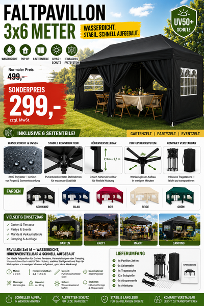 Faltpavillon wasserdicht. Pop Up. Mit 6 Seitenteilen. 3x6 Meter. Gartenzelt. Partyzelt. UV50+ Schutz. Einfaches Faltsystem.
