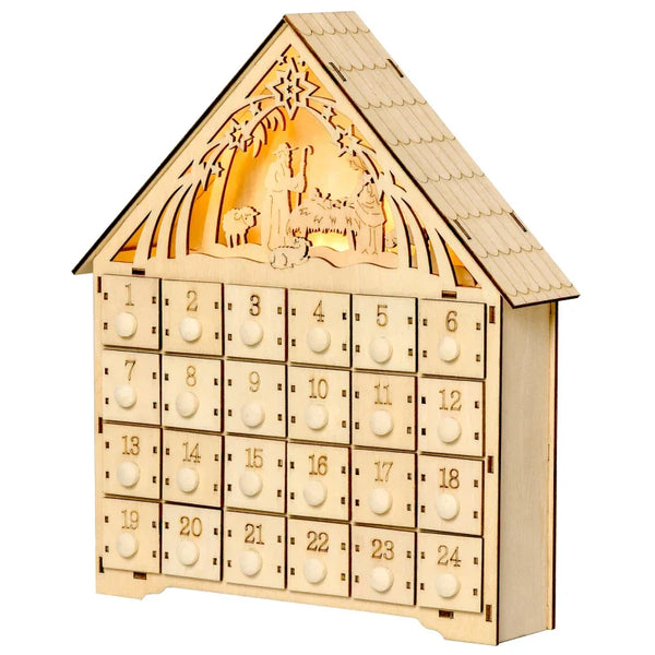 Adventskalender mit LED-Beleuchtung, 24 Schubladen, Krippenszene, 26,6x6x30 cm, Holzoptik