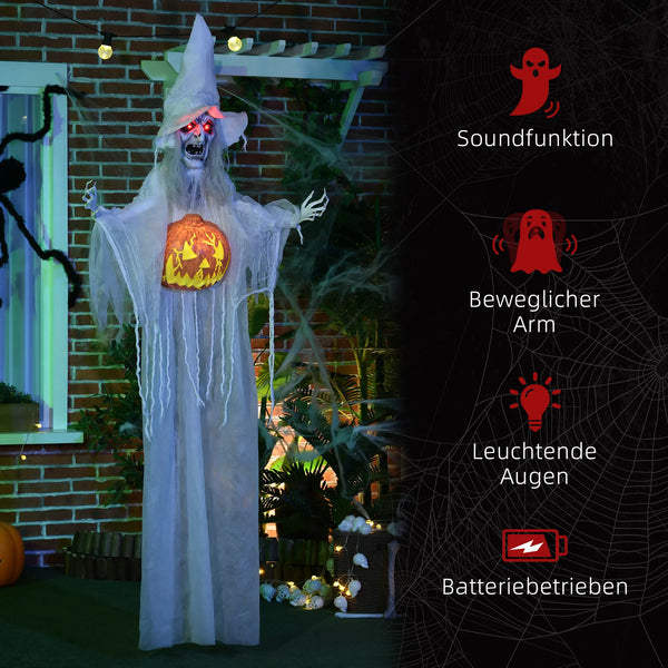 Lebensgroße alte Halloween-Hexe, Soundfunktion, mit Bewegungssensor und LED-Lichtern, 183 cm, weiß