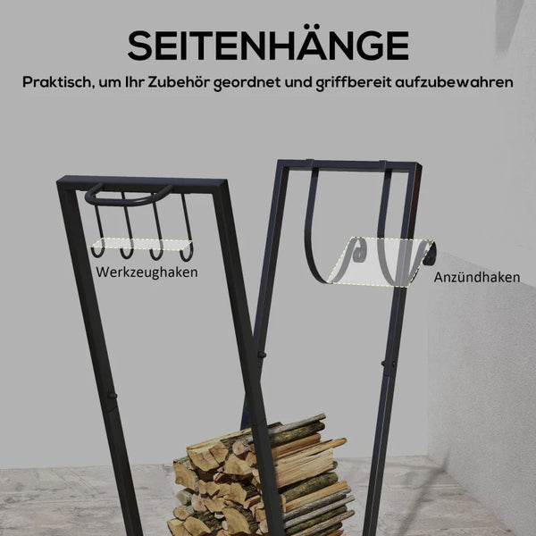 Kaminholzständer Feuerholzgestell, trapezförmiges Design, pulverbeschichteter Metall, mobil mit Rollen, 79 x 30 x 81 cm, Schwarz