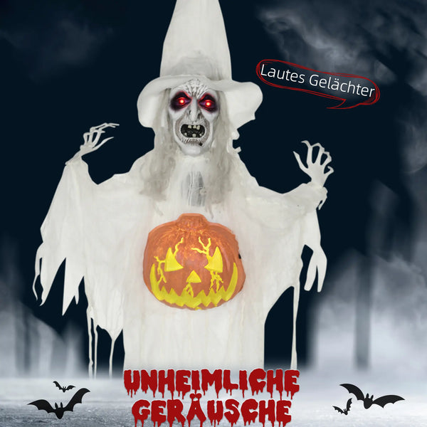Lebensgroße alte Halloween-Hexe, Soundfunktion, mit Bewegungssensor und LED-Lichtern, 183 cm, weiß