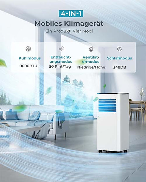 Mobile Klimaanlage 2600 Watt, 9000 BTU, R290. Farbe: Weiß.