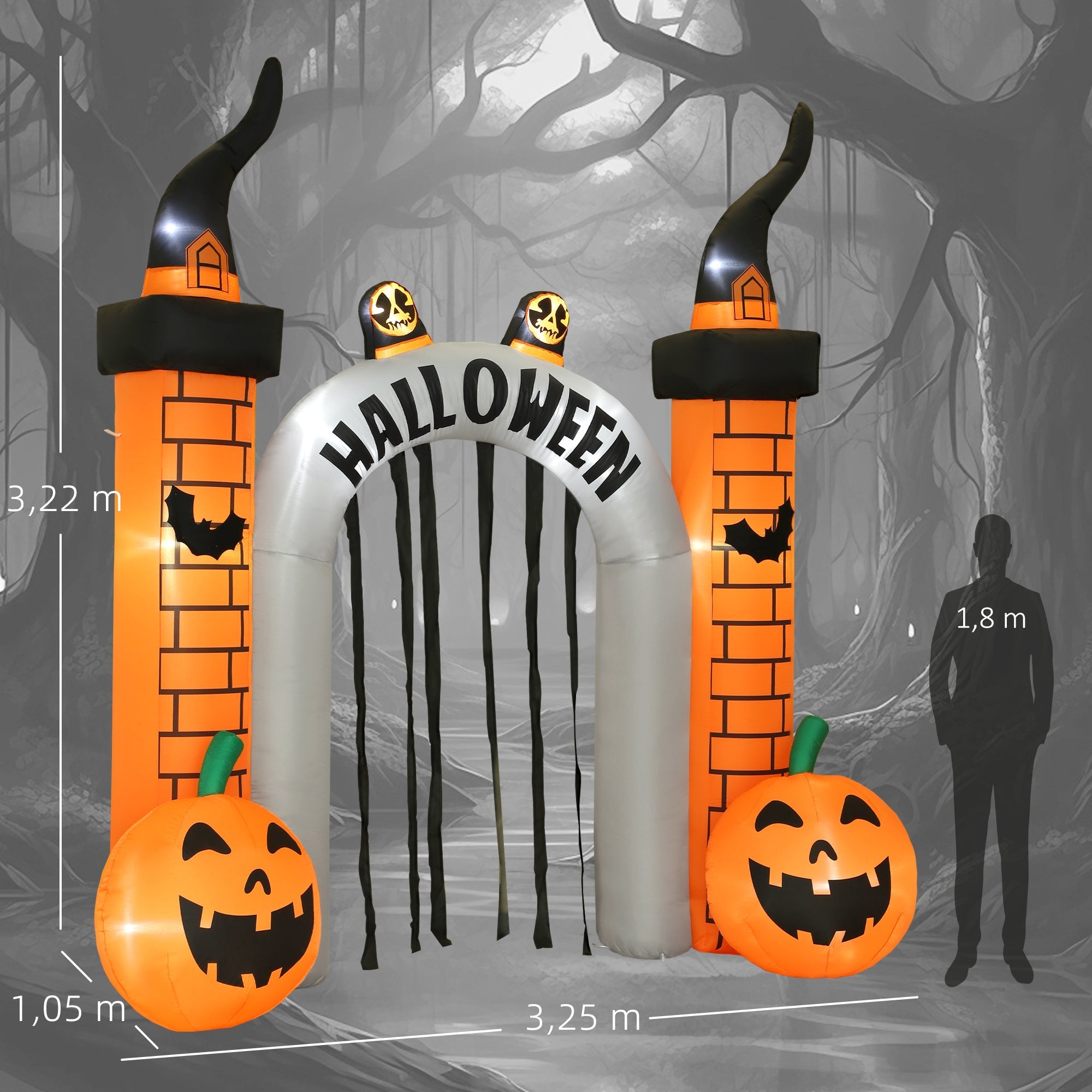 Aufblasbarer Halloween-Eingangsbogen mit LED-Beleuchtung, 322 cm hoch