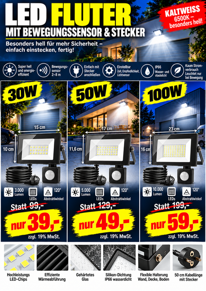 Neues LED Sicherheit Flutlicht Strahler mit Bewegungsmelder (Sensor) und Stecker zum direkten Anschließen. Lichtfarbe helles weiß. 30-100 Watt