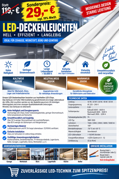 Neu: Deckenleuchte LED 40 Watt (Wie 400 Watt alte Röhren) 120 cm (3 Ausführungen), Bürolampe, Garage, Werkstatt.