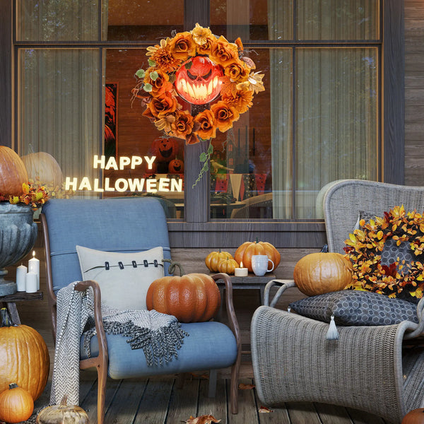 Halloween-Kranz mit Kürbisgesicht & 44 LED-Lichtern – Flackernder Grusel für Tür, Fenster & Kamin, 44 cm