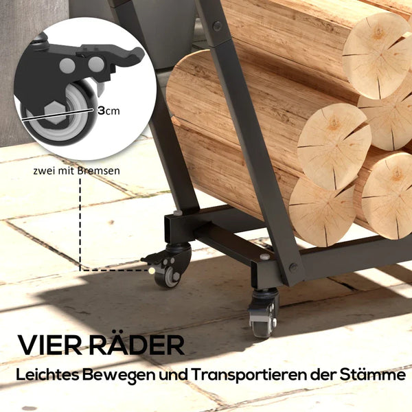 Kaminholzständer Feuerholzgestell, trapezförmiges Design, pulverbeschichteter Metall, mobil mit Rollen, 79 x 30 x 81 cm, Schwarz