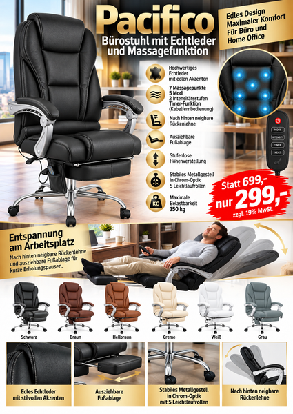 ECHTLEDER Bürostuhl mit Massagefunktionen PACIFICO mit Liegefunktion.