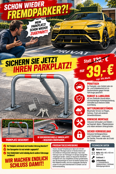 Parkplatzsperre klappbar mit Schloss & 3 Schlüsseln – 80 cm