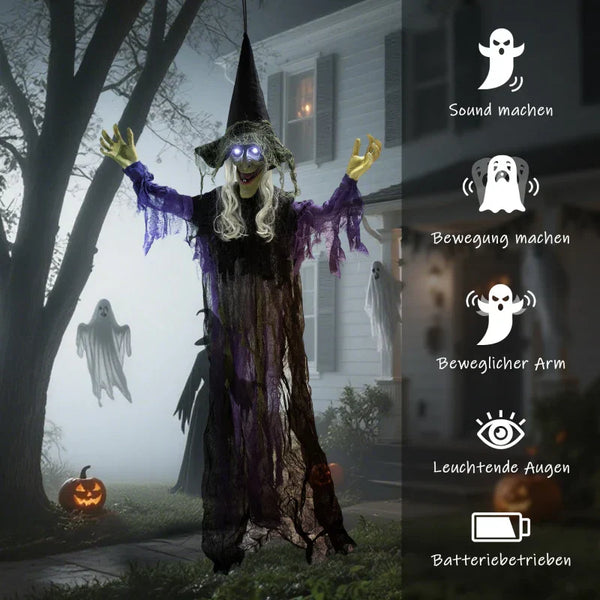 Animierte Halloween-Dekoration – Lebensgroße Hexe mit Sound & LED, 183 cm