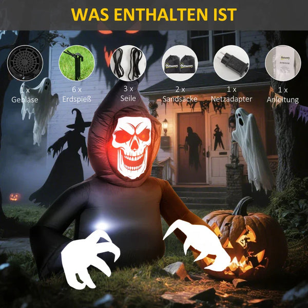 Aufblasbare Halloween-Dekoration – Aufblasbarer Sensemann mit LED-Beleuchtung, 180 cm)