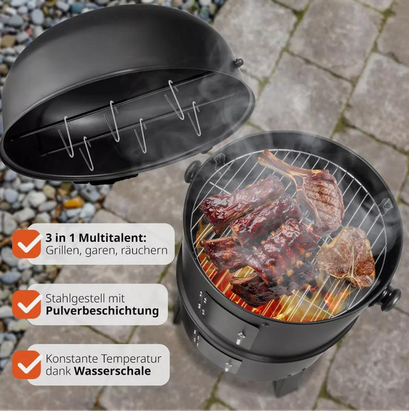 BBQ 3in1 Holzkohlegrill Barbecue Räuchertonne Räuchergrill Grilltonne Smoker