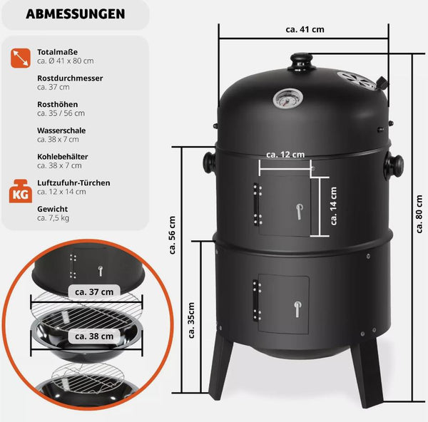 BBQ 3in1 Holzkohlegrill Barbecue Räuchertonne Räuchergrill Grilltonne Smoker