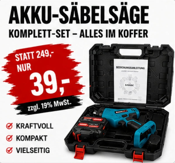 Sonderposten: Akku-Fuchsschwanz Säge 3000rpm mit 2 Akkus. Mit 4 Sägeblättern. Elektrische Reciprosäge (Säbelsäge)