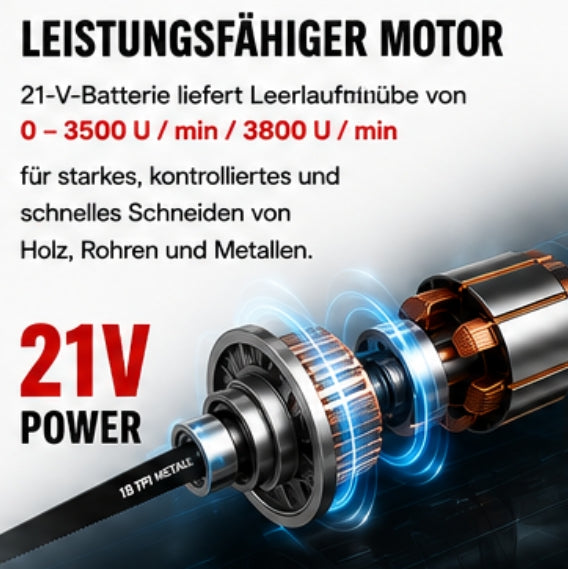 Sonderposten: Akku-Fuchsschwanz Säge 3000rpm mit 2 Akkus. Mit 4 Sägeblättern. Elektrische Reciprosäge (Säbelsäge)