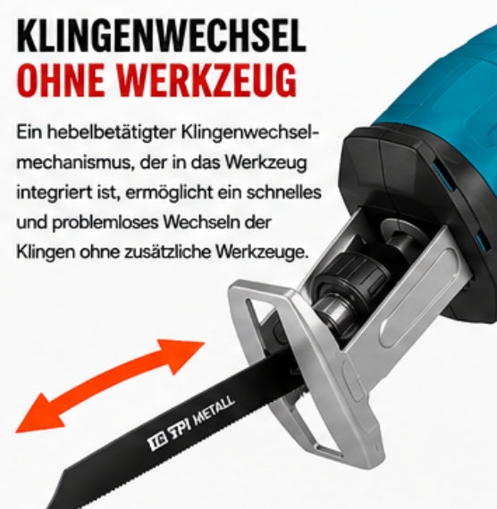 Sonderposten: Akku-Fuchsschwanz Säge 3000rpm mit 2 Akkus. Mit 4 Sägeblättern. Elektrische Reciprosäge (Säbelsäge)