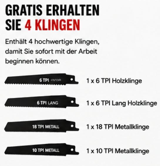Sonderposten: Akku-Fuchsschwanz Säge 3000rpm mit 2 Akkus. Mit 4 Sägeblättern. Elektrische Reciprosäge (Säbelsäge)