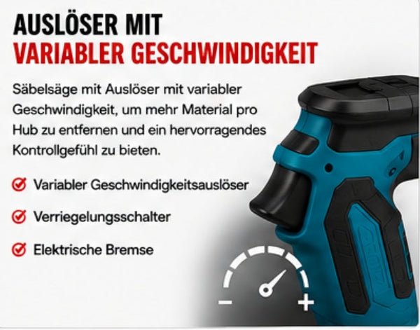 Sonderposten: Akku-Fuchsschwanz Säge 3000rpm mit 2 Akkus. Mit 4 Sägeblättern. Elektrische Reciprosäge (Säbelsäge)