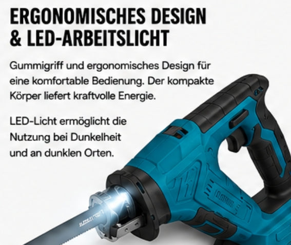 Sonderposten: Akku-Fuchsschwanz Säge 3000rpm mit 2 Akkus. Mit 4 Sägeblättern. Elektrische Reciprosäge (Säbelsäge)