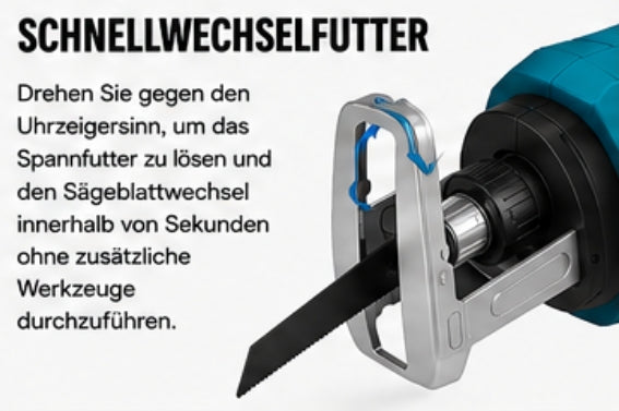 Sonderposten: Akku-Fuchsschwanz Säge 3000rpm mit 2 Akkus. Mit 4 Sägeblättern. Elektrische Reciprosäge (Säbelsäge)