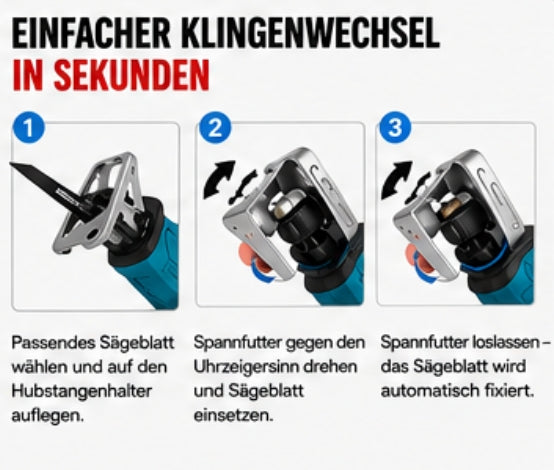Sonderposten: Akku-Fuchsschwanz Säge 3000rpm mit 2 Akkus. Mit 4 Sägeblättern. Elektrische Reciprosäge (Säbelsäge)