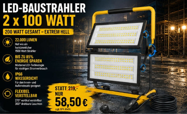 LED Baustrahler Flutlicht 200 Watt (2x100 Watt) mit Ständer. 230 Volt. IP66.