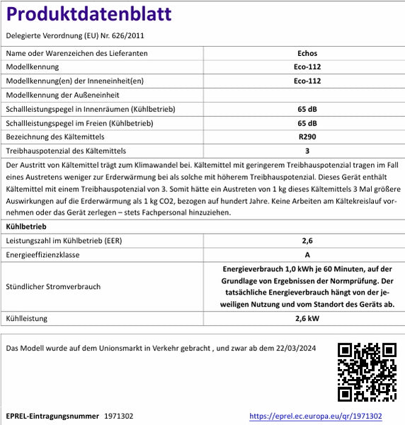 Mobile Klimaanlage 2600 Watt, 9000 BTU, R290. Farbe: Weiß.