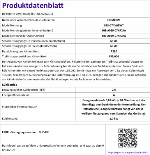 Mobile Klimaanlage 2100 Watt, 7000 BTU, R290. Farbe: Weiß.