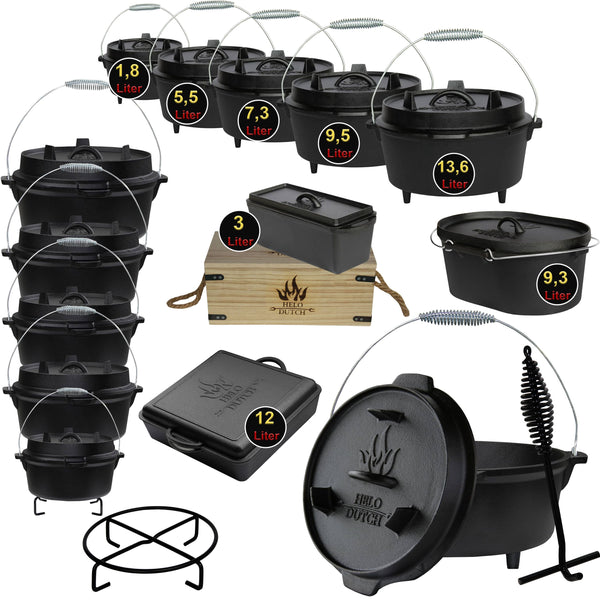 Dutch Oven Set – Gusseiserner Feuertopf mit Deckelheber. Verschiedene Größen.