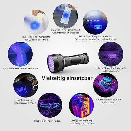 UV Schwarzlicht Taschenlampe HD51 mit 51 LEDs (395 nm) zur Erkennung eingetrockneter Tierurin-Flecken