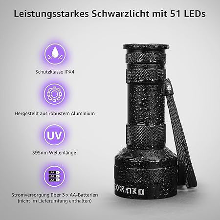 UV Schwarzlicht Taschenlampe HD51 mit 51 LEDs (395 nm) zur Erkennung eingetrockneter Tierurin-Flecken