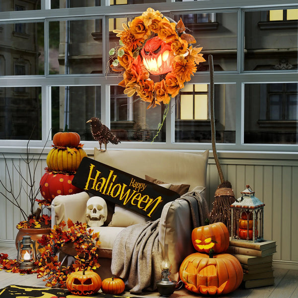 Halloween-Kranz mit Kürbisgesicht & 44 LED-Lichtern – Flackernder Grusel für Tür, Fenster & Kamin, 44 cm