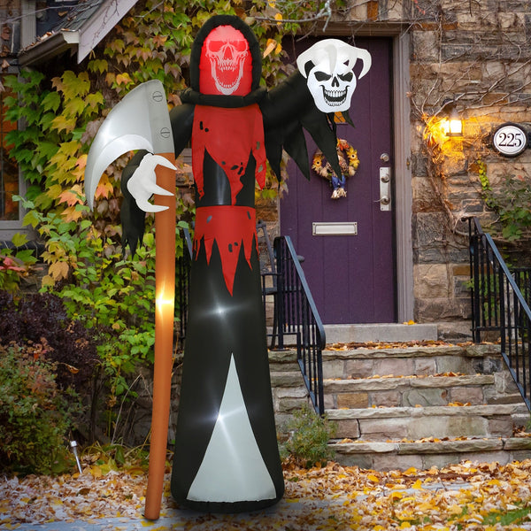 Aufblasbare Halloween-Dekoration –  XXL-Sensenmann mit Sense und Totenkopf, LED beleuchtet, 370 cm