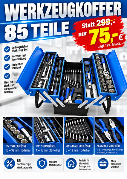 Sonderposten. Blauer 5-lagiger Vollmetall-Werkzeugkoffer: 85-teiliges Premium Werkzeugset in Klappkiste