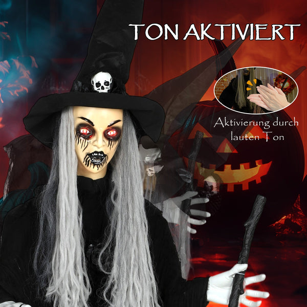 Animierte Halloween-Dekoration – Hexe mit Skull, LED-Augen, Sound & Bewegung, 170 cm