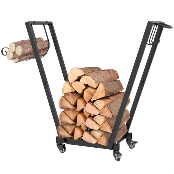 Kaminholzständer Feuerholzgestell, trapezförmiges Design, pulverbeschichteter Metall, mobil mit Rollen, 79 x 30 x 81 cm, Schwarz
