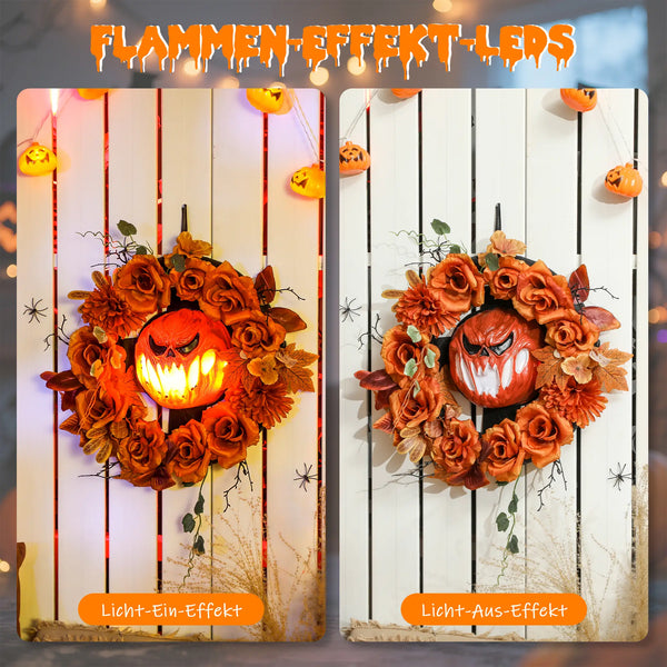 Halloween-Kranz mit Kürbisgesicht & 44 LED-Lichtern – Flackernder Grusel für Tür, Fenster & Kamin, 44 cm