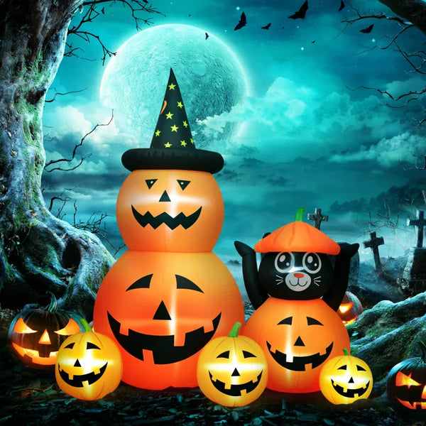 Halloween-Gartendeko Kürbisfamilie mit Katze, Gebläse wetterfest 160 x 100 x 180cm
