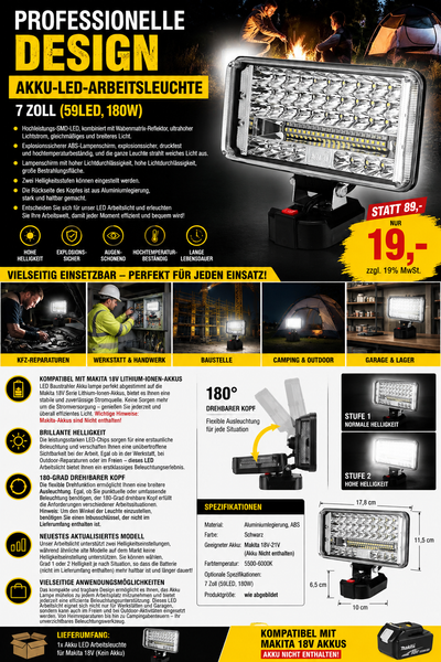 Extrem helle professionelle Akku-LED-Arbeitsleuchte 7 Zoll – 59 LEDs / 180 W. Passend zu unseren Akkus.