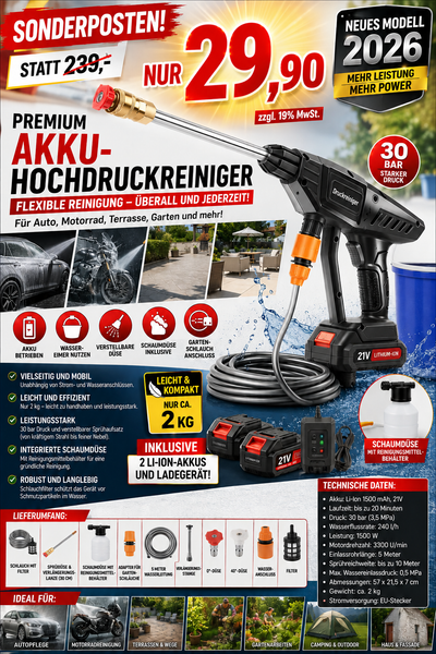 Sonderposten neues Modell: 29,90 € Mobiler Akku-Hochdruckreiniger mit 2 Akkus inkl. Ladegerät und viel Zubehör! (Kopie)
