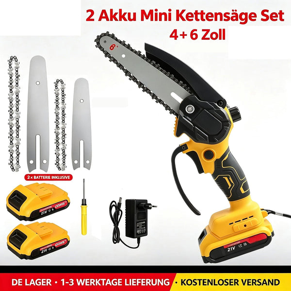 Sonderposten 29,- Euro: Mini-Akku-Kettensäge 4 und 6 Zoll. (2 Ketten-Längen). Inkl. 2 Li-Ion-Akkus und Ladestation.