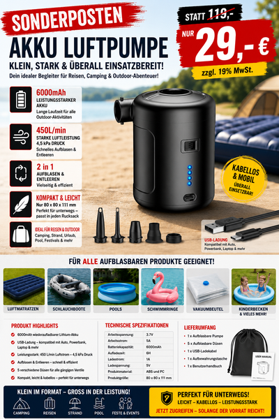 Elektrische USB Akkupumpe 6000mAh Luftpumpe Pool Schlauchboote Luftmatratze Gebläse