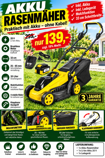 Sonderposten: Akku-Rasenmäher 20 V inklusive Akku & Ladegerät | Brushless | 33 cm | Mulchfunktion